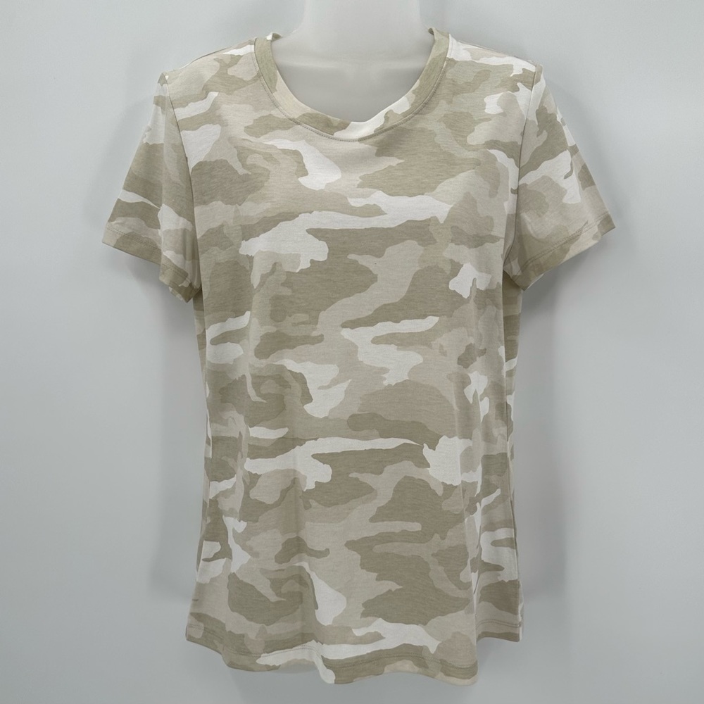 UNDER ARMOUR Tee M Women’s Loose Fit Camo Beige Short Sleeve Cotton Blend
